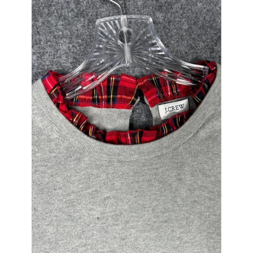 J.Crew Womens Plaid Ruffle Trim Sweater S Preppy Gray Long Sleeve Pullover‎